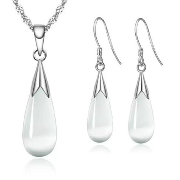 925 Silver Opal Necklace Earrings Set Teardrop Women BOHO Birthday Christmas NEW - Picture 1 of 6